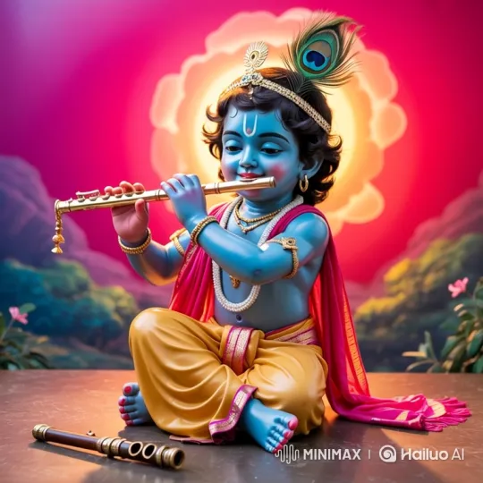 Blue Deity Playing Silent Melody on Golden Flute – AI Generated Video | Hailuo AI