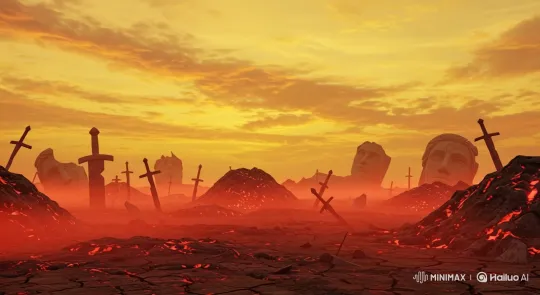 Apocalyptic Landscape with Swords and Swirling Embers – AI Generated Video | Hailuo AI