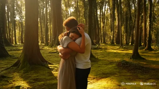 Couple Embraces in Sunlit Forest Setting – AI Generated Video | Hailuo AI