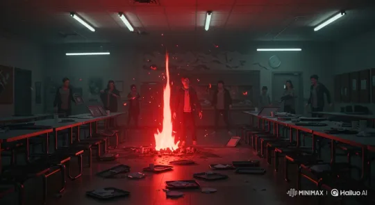 Chaotic Cafeteria Fire Illuminates Strobing Lights and Still Figures – AI Generated Video | Hailuo AI
