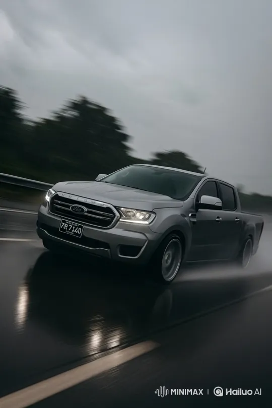 Cinematic Drive: Silver Ford Ranger on Wet Highway – AI Generated Video | Hailuo AI
