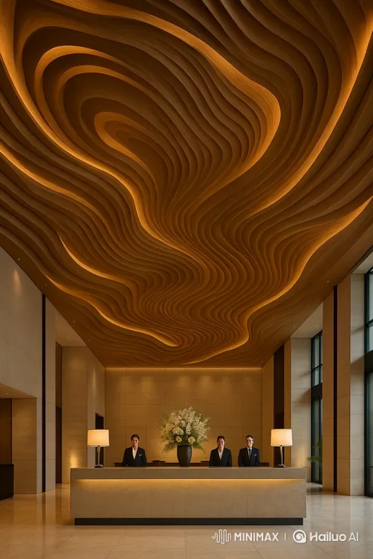 Movement and Warmth in a Hotel Lobby's Dynamic Ceiling – AI Generated Video | Hailuo AI