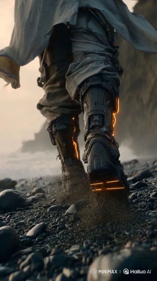 Warrior Strides Resolutely in High-Tech Boots on Rocky Beach – AI Generated Video | Hailuo AI