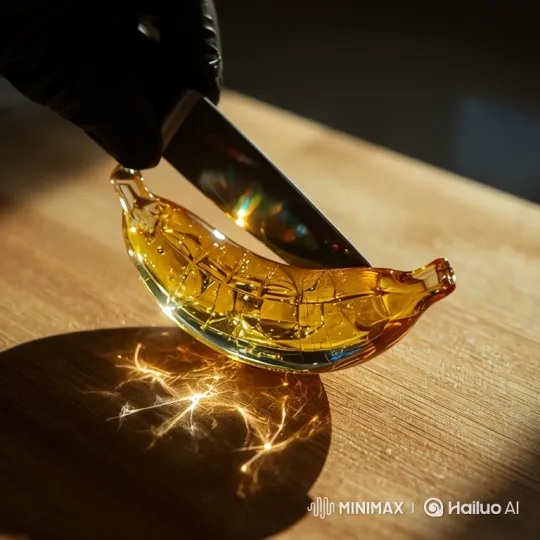 Glass Banana Sliced, Revealing Golden Juice – AI Generated Video | Hailuo AI