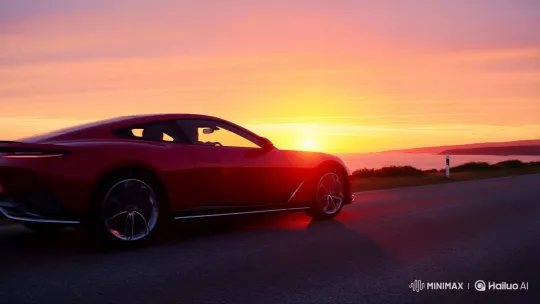Red Coupe Drives into Vibrant Sunset on Coastal Road – AI Generated Video | Hailuo AI
