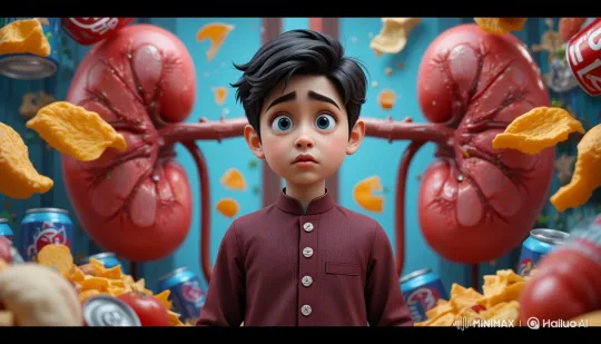 Animated Boy Monitors His Strained Kidneys Amid Junk Food – AI Generated Video | Hailuo AI
