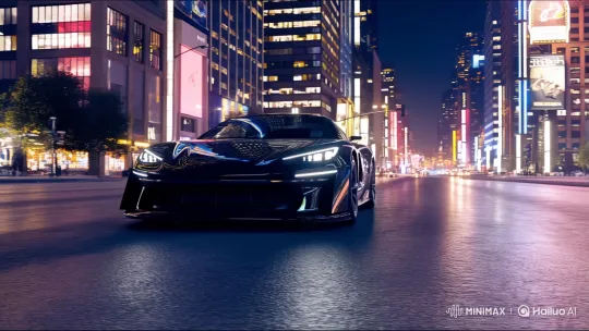 High-Performance Sports Car Showcased in Neon Cityscape – AI Generated Video | Hailuo AI