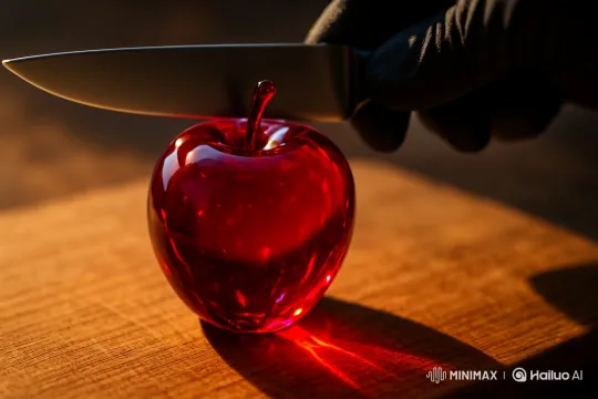 Dramatic Close-up of Knife Approaching Red Glass Apple – AI Generated Video | Hailuo AI