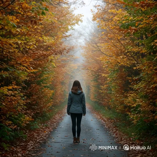Autumn Forest Journey: Girl Walks into Mist – AI Generated Video | Hailuo AI