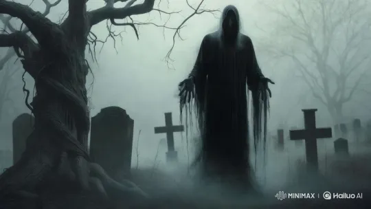 Haunted Graveyard: Shadowy Figure Screams in Fog – AI Generated Video | Hailuo AI