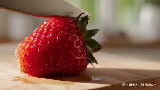 Fresh Strawberry Sliced with Precision in Sunlit Kitchen – AI Generated Video | Hailuo AI