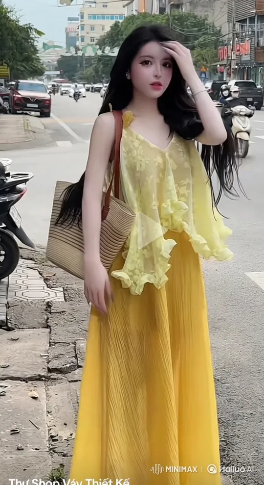 Stylish Woman in Yellow Outfit by City Street – AI Generated Video | Hailuo AI