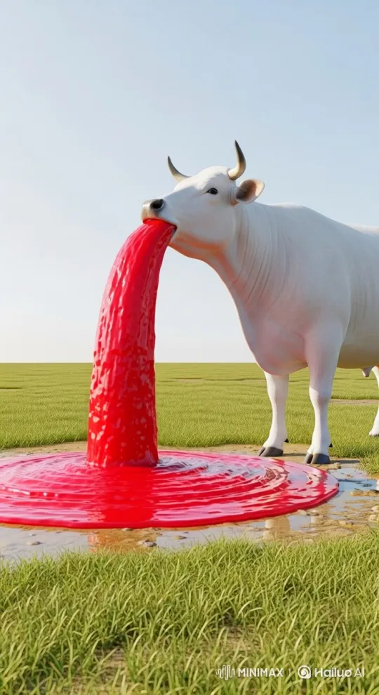 Magical White Cow Pours Watermelon Juice in Realistic 4K Scene – AI Generated Video | Hailuo AI
