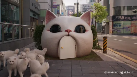 White Cats and Dogs Fight in Cat-Shaped House on South Korean Street – AI Generated Video | Hailuo AI