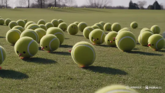 Surreal Tennis Ball Birds Peacefully Graze on Lawn – AI Generated Video | Hailuo AI