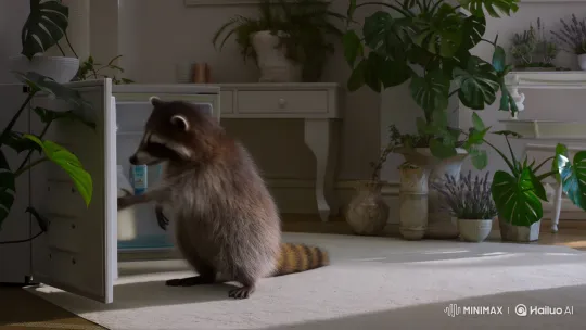 Fluffy Raccoon Steals and Drinks Milk in Spacious Room – AI Generated Video | Hailuo AI