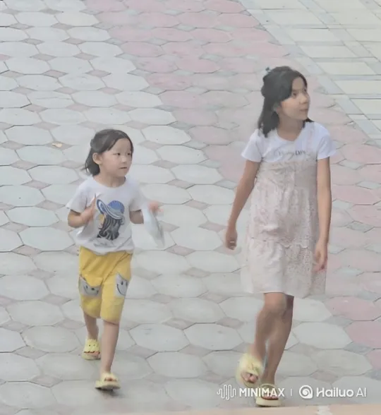 Girls Walk Along Sidewalk, Observe Passing Car – AI Generated Video | Hailuo AI