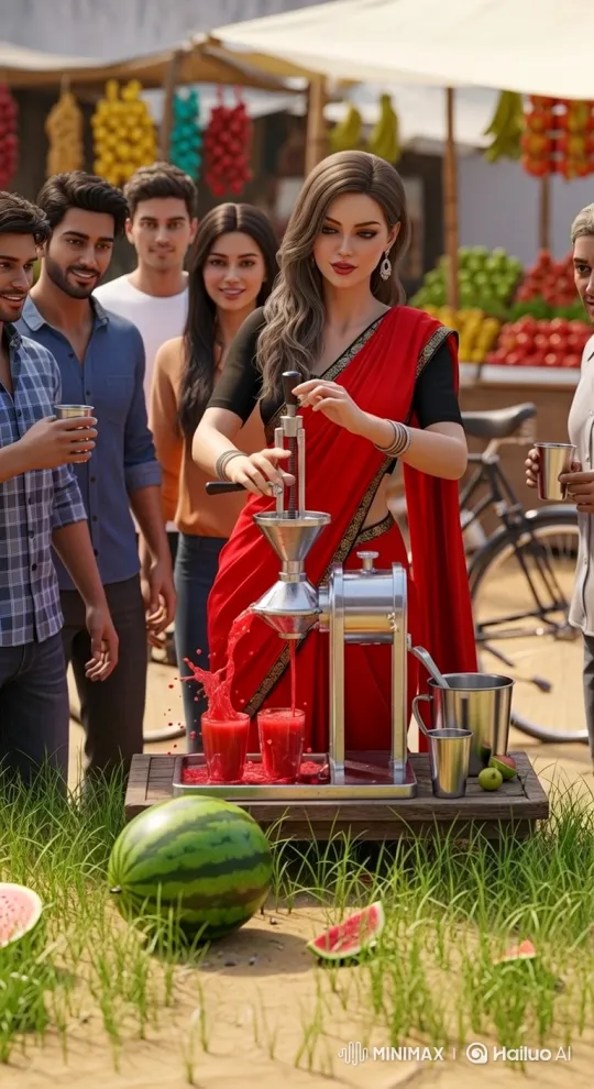 Woman Presses Juice Gracefully in Vibrant Market – AI Generated Video | Hailuo AI
