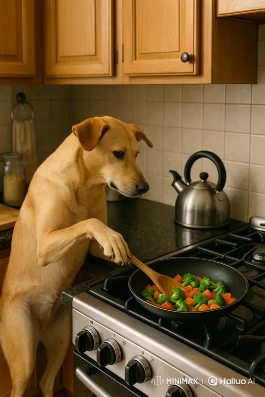 Dog Chef Stirs Vegetables in Kitchen Tracking Shot – AI Generated Video | Hailuo AI