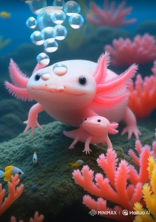 Mother and Child Axolotl's Joyful Underwater Dance – AI Generated Video | Hailuo AI