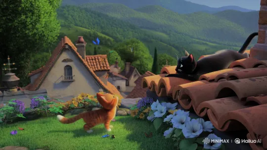 Orange Kitten Plays, Black Cat Watches in Peaceful Village – AI Generated Video | Hailuo AI