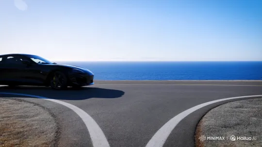 Modern Sports Car at Serene Coastal Intersection – AI Generated Video | Hailuo AI