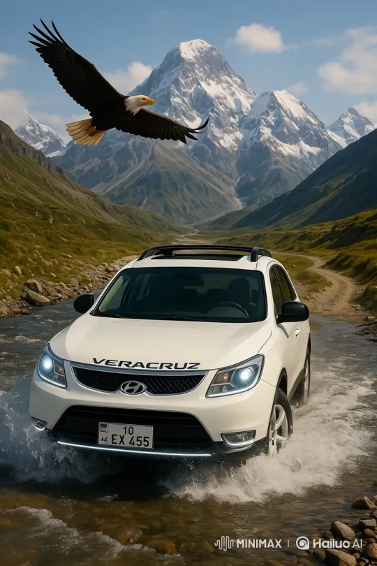 Hyundai Veracruz SUV Drives Through River, Accompanied by Soaring Eagle – AI Generated Video | Hailuo AI