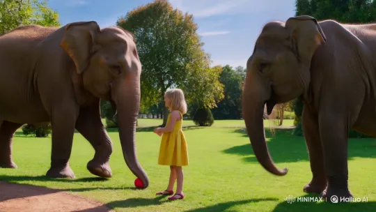 Young Girl Joyfully Plays with Gentle Elephants – AI Generated Video | Hailuo AI