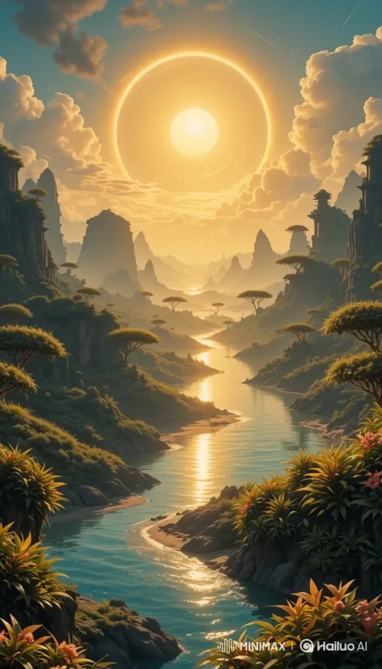 Fantasy Landscape: Serene Valley with Luminous Sun – AI Generated Video | Hailuo AI