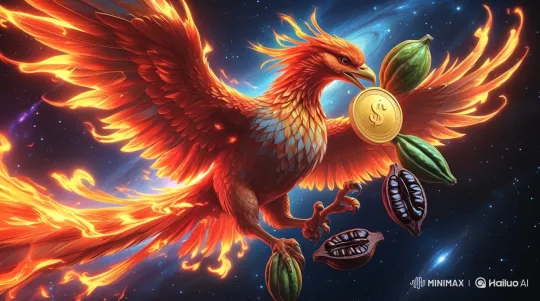 Cosmic Phoenix Soars with Cacao Pod and Gold Coin – AI Generated Video | Hailuo AI