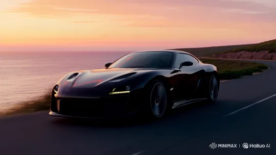Sleek Sports Car Glides on Coastal Road at Sunset – AI Generated Video | Hailuo AI
