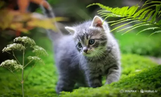 Fluffy Tabby Kitten Joyfully Explores Mossy Terrain – AI Generated Video | Hailuo AI