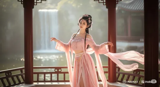 Graceful Traditional Dance in Red-Pillared Pavilion – AI Generated Video | Hailuo AI