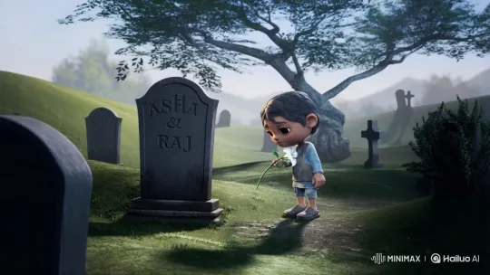 Orphaned Boy Pays Tribute at Parents' Grave – AI Generated Video | Hailuo AI