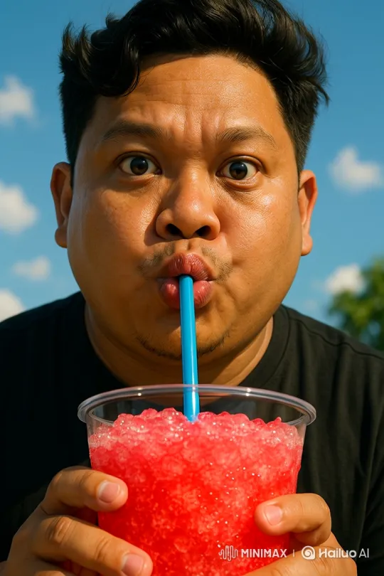 Man Sips Slushy with Intense Gaze Amidst Dynamic Camera Moves – AI Generated Video | Hailuo AI