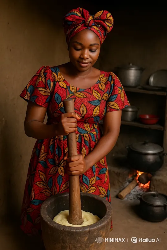 Traditional Kitchen Scene: Woman Preparing Pounded Yam – AI Generated Video | Hailuo AI