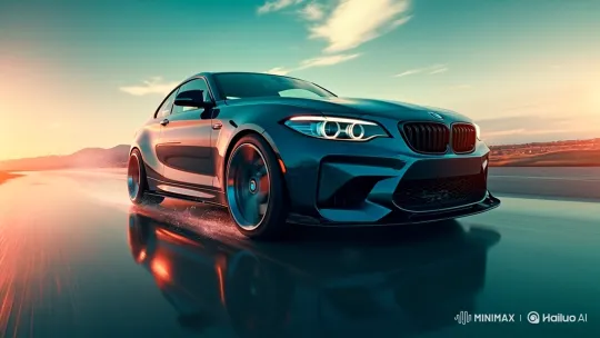 BMW Coupe Drives Through Sunset with Power and Reflection – AI Generated Video | Hailuo AI