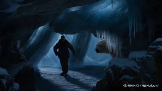 Man and Polar Bear Explore Vast Ice Cave – AI Generated Video | Hailuo AI