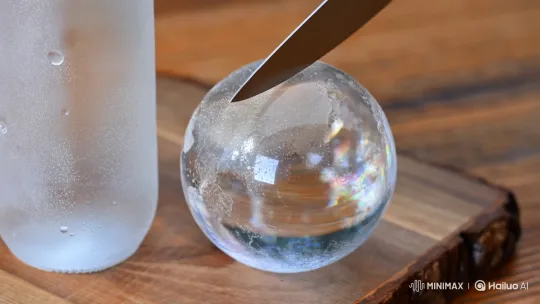 Transparent Ice Earth Sculpture Cut on Wooden Board – AI Generated Video | Hailuo AI