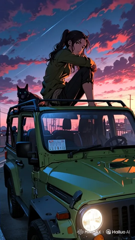 Young Woman and Cat Contemplate Dusk Sky on Roof Rack – AI Generated Video | Hailuo AI