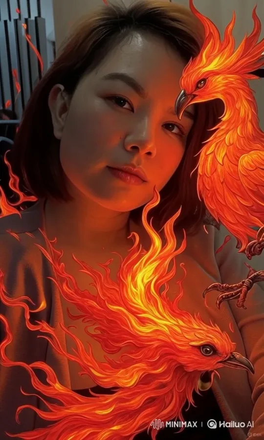Woman with Flaming Phoenixes in Calm, Luminous Scene – AI Generated Video | Hailuo AI