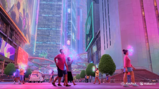 Futuristic City Life with Animated Face Filters – AI Generated Video | Hailuo AI
