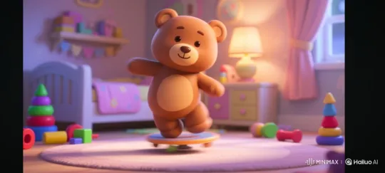 3D Animated Teddy Bear Spins on Board in Child's Bedroom – AI Generated Video | Hailuo AI