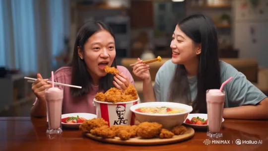 Best Friends Enjoying a Meal of Fried Chicken, Ramen, and Milkshakes – AI Generated Video | Hailuo AI