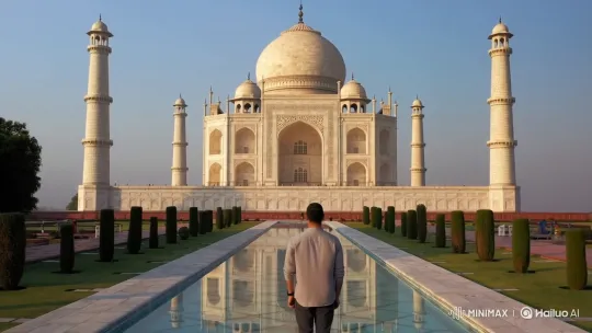 Man in Awe at the Taj Mahal in Serene Morning – AI Generated Video | Hailuo AI