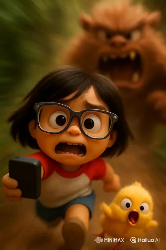 Little Girl Fleeing in Fear from Chasing Chick – AI Generated Video | Hailuo AI
