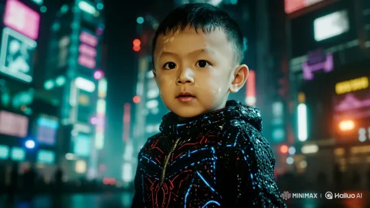 Futuristic Boy Battles Monsters in Neon Cityscape – AI Generated Video | Hailuo AI