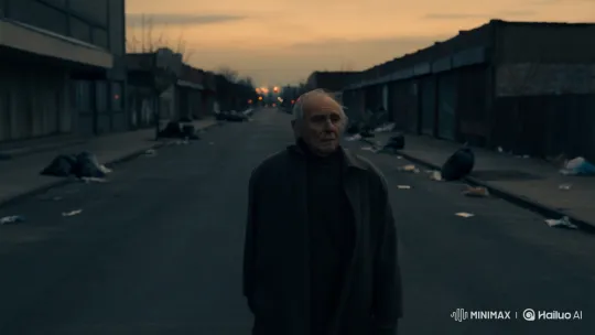 Elderly Man's Solitary Walk Through Decaying City at Dusk – AI Generated Video | Hailuo AI
