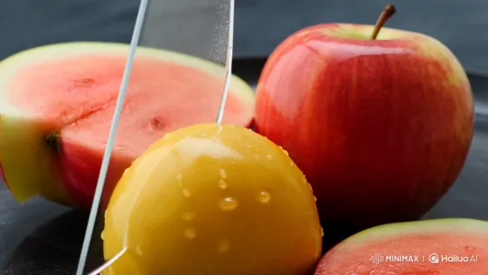 Colorful Fruits Sliced by Sharp Glass on Reflective Surface – AI Generated Video | Hailuo AI