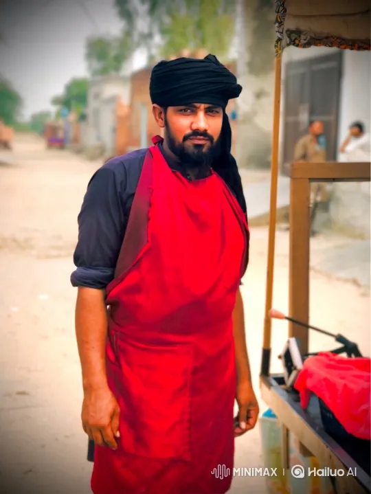 Man in Red Apron: Village Portrait with Slow Zoom – AI Generated Video | Hailuo AI